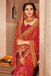Red Printed Georgette Bandhani Saree