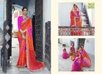Heavy Border Bandhej Saree - Georgette 5.5 Mtr + 0.80 Blouse | Charming Red, Mesmerizing Printed Design, Soft Texture With Heavy Lace Work
