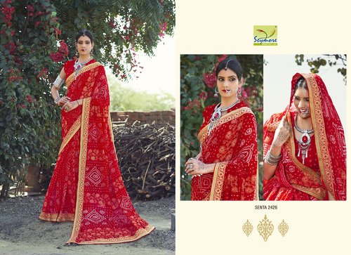 Tarditional Saree - Georgette, 5.5 Mtr + 0.80 Blouse, Red | Beautiful Prints, Traditional Bandhani Design, Embroidered Lace Border Work
