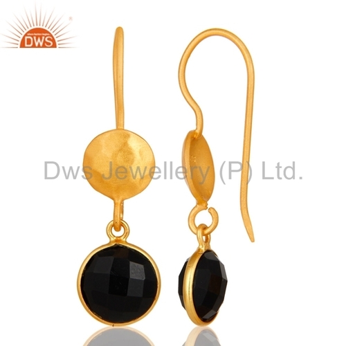 Round Sterling Silver Black Onyx Gemstone Dangle Earrings