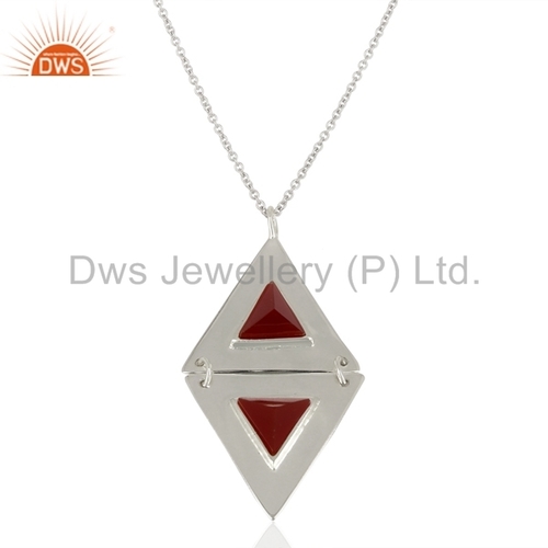Pyramid Shape Pendant - 16 Inch Chain, 925 Sterling Silver, White Rhodium Plated with Triangle Design and Red Onyx Gemstone
