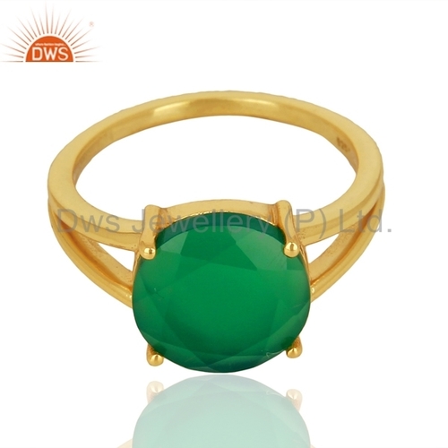 Green Onyx Flat Stone Round Ring - 14K Gold Plated, Handmade 925 Silver Jewelry for Sizes 5 to 10