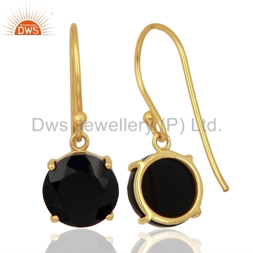 Wholesale 92.5 Silver Gemstone Earrings - 27x10 mm Black Onyx Flat Shape, 14K Gold Plated, 2.363 Grams