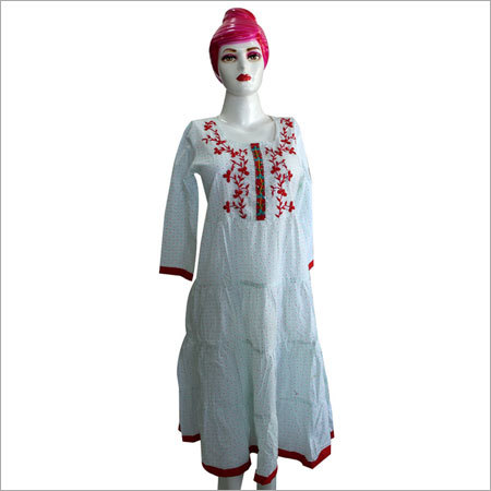 Pure Cotton Kurti - Knee-Length, White, Round Neck | Floral Embroidery, Soft Fabric, Comfortable Fit