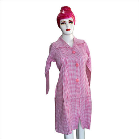 Pink Checkered Cotton Kurti - Knee-Length, Collared Neck, Long Sleeves | Soft Cotton, Stylish Design, Comfortable Fit, Elegant Look