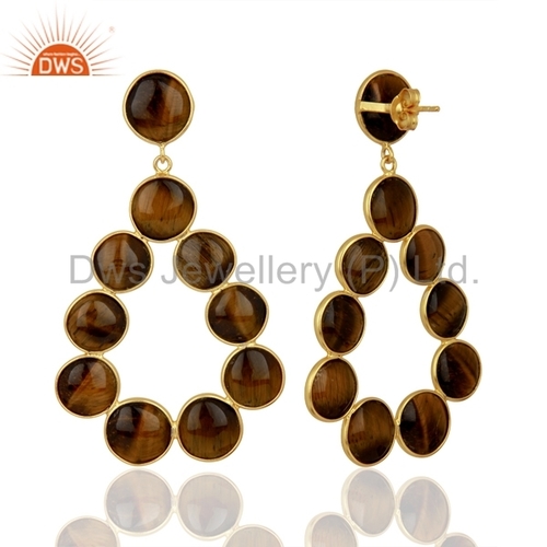 Round Tiger Eye Gemstone 925 Silver Dangle Earrings