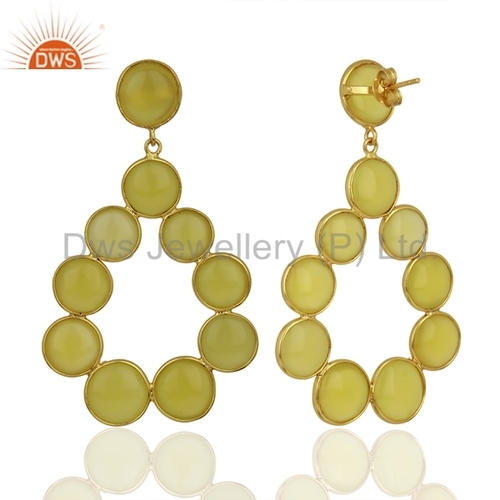 Yellow Chalcedony Dangle Earrings - 18K Yellow Gold Plated 925 Sterling Silver, Round Shape 65x39 mm, 17.638 Grams Weight