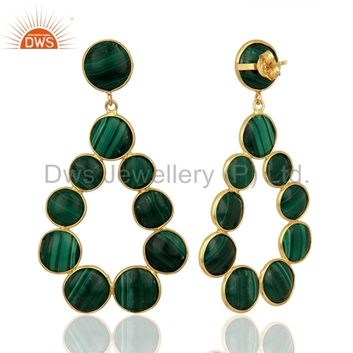 Natural Malachite Gemstone Dangle Earrings - 18K Yellow Gold Plated 925 Sterling Silver, Round Shape 64x35 mm, Weight 20.206 Grams