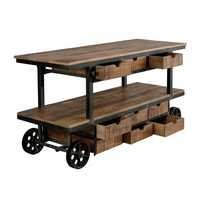 Kitchen And Bar Trolley - Mango Wood & Iron, 61w*24d*31h Cm | Antique Handmade Design, Multipurpose Serving Trolley, Adjustable Height, 9 Drawers, Rust Proof, Eco-friendly, Easy To Clean, Portable Wheels