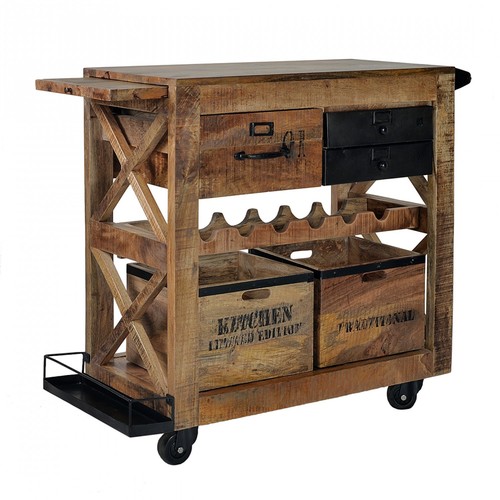 Industrial Bar Cart - Reclaimed Mango Wood, 31W x 16D x 30H cm | Eco-Friendly, Handmade, Portable with Wine Rack, Drawers, and Durable Iron Accents