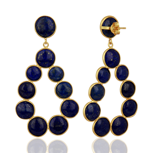 Lapis Lazuli Dangle Earrings - 66 x 36 mm, 18K Yellow Gold Plated 925 Sterling Silver | Elegant Natural Gemstone Design, Weighs 17.33 Grams