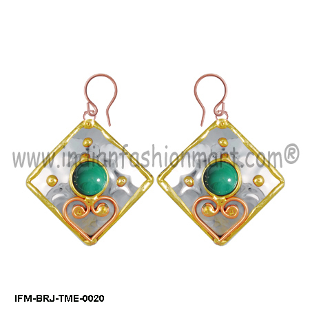 Gold Green Square Of Adonis   -  Tri Metal Earring