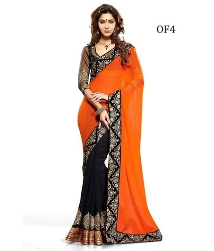 Elegant Sarees - Chiffon Fabric, 5.5m Saree, Orange | Embroidered Work, Dhupain Blouse, 0.8m, Stylish Party Wear