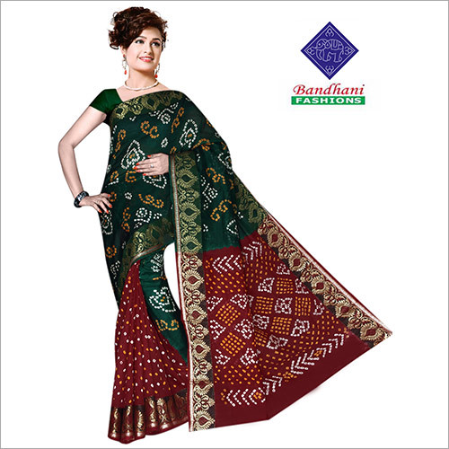 Green And Maroon Bandhani Sarees In Black Art Silk