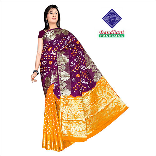 Bandhani Sarees - Silk Material, Purple Orange Color | Printed Pattern for All Seasons