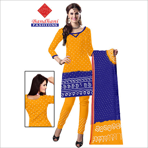 Yellow And Blue Bandhani Ladies Cotton Dress Material