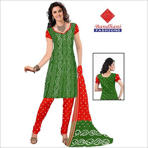 Green Red Bandhani Printed Dress Material