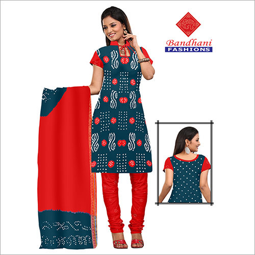 Light Blue And Red Bandhani Ladies Dress Material