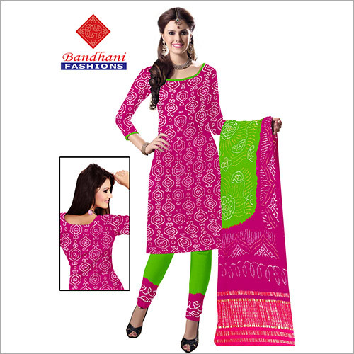 Bandhani Designer Suits - Cotton Material Pink and Green Color | Printed Pattern with Stylish Dupatta