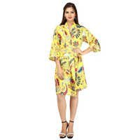 Ladies Bathrobe - 100% Cotton, Knee-length, Yellow Floral Pattern, 3/4 Sleeves With Tie Belt