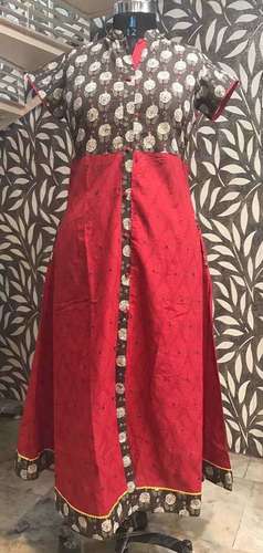 Red Dabu Print Kurti-Mirror Work Kurti Size: Small