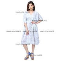 Short Kaftan - 100% Cotton, Knee-length, White | Three-quarter Sleeve, Tie Closure, Printed Design