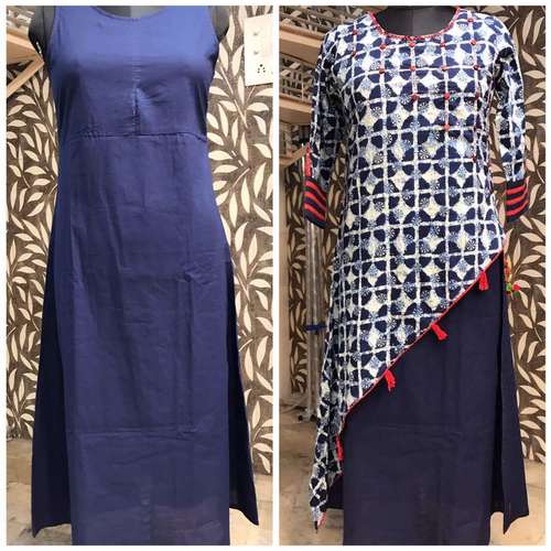 Blue Indigo Print Kurti-Dubble Layer Kurti Size: Medium