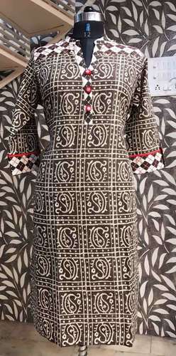 Indigo Print Kurti - Printed Cotton, Long Straight Kurti with Collar Neck, Sizes S-XXL