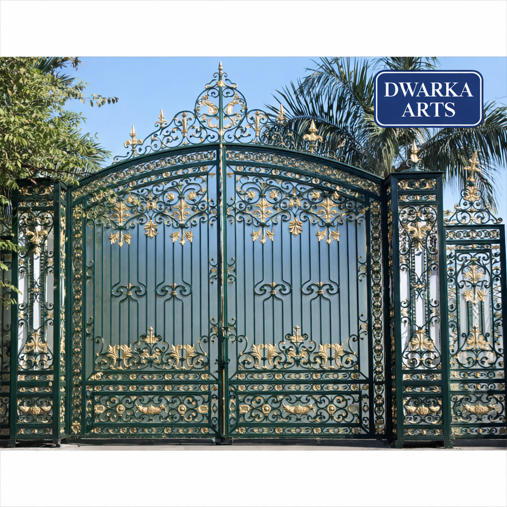 Designer Main Gates - Wrought Iron, Customized Dimensions Available, Green with Gold Accents | Handcrafted with Ornate Floral Patterns, 5-Year Warranty
