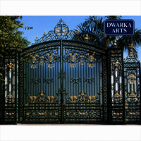 Designer Main Gates - Wrought Iron, Customized Dimensions Available, Green With Gold Accents | Handcrafted With Ornate Floral Patterns, 5-year Warranty