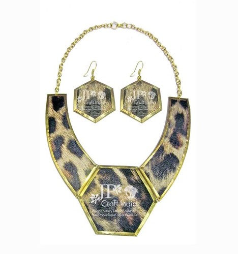 Brass Leather Necklace Set Charm Earrings