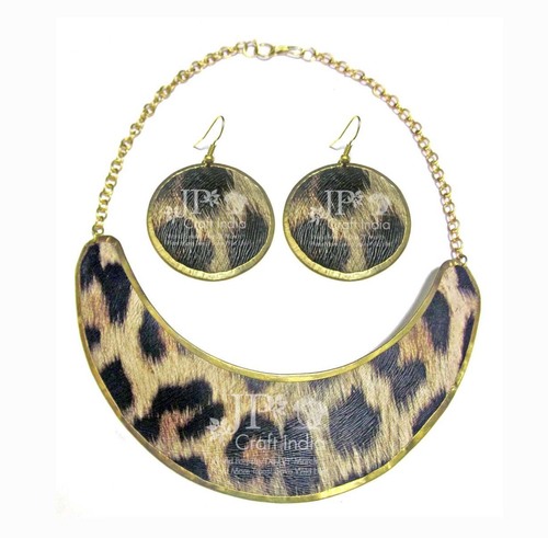 Brass Leather Necklace Set Charm Earrings