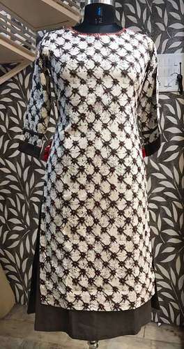 Kashish Print Cotton Double Layer Long Kurti - Size M, L, XL, XXL | Elegant Moti Work, Attached Layer Design