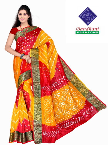 Bandhani Sarees in Red Yellow Art Silk Bandhani Sarees in Red Yellow Art Silk