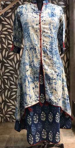 Blue dabu print double layer kurti
