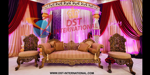 Muslim Wedding Antique Carved Furniture - Treated Wood Brass Gold Plated, Leather Upholstery, Handcrafted Intricate Design