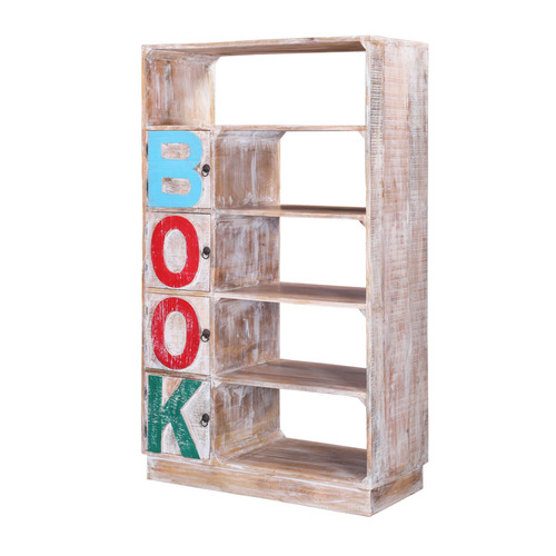 Bookcase - 35.5W x 16.5D x 61H cm, Handmade from Reclaimed Wood, Elegant Winter Wash Finish with Five Shelves and Drawer Storage