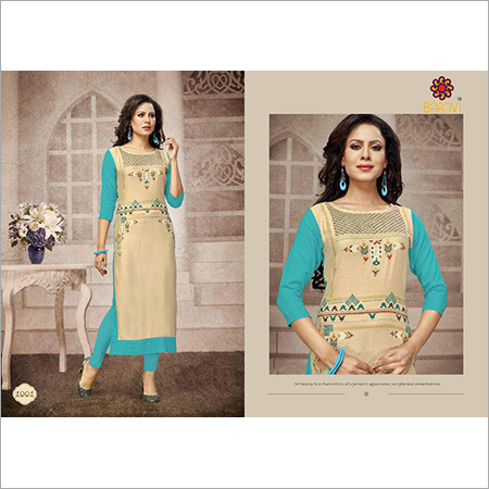 Ladies Suit - Rayon, Knee-Length, Beige, Round Neck | Embroidery, Elegant Design, Comfortable Fit, Stylish Look, Perfect Stitching, Durable Material, Trendy Style, Three-Quarter Sleeve, Multiple Sizes