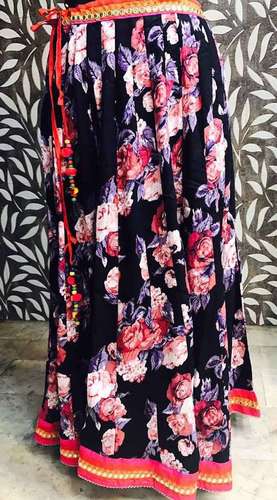 Printed Jaipuri Skirt - Cotton Material, All Season, Black Color, Stitched Design with Lace Decoration