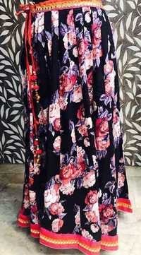 Printed Jaipuri Skirt - Cotton Material, All Season, Black Color, Stitched Design With Lace Decoration