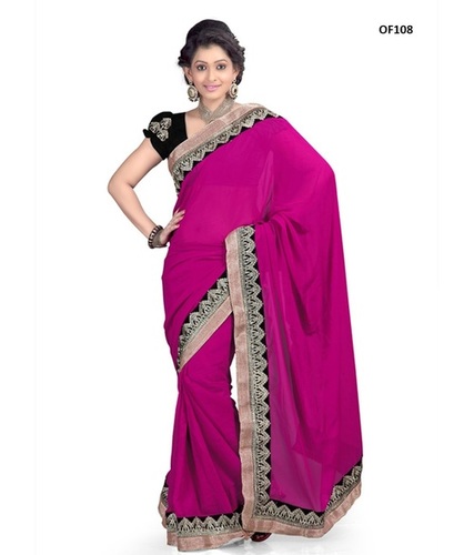 Exclusive Sarees - Georgette Saree 5.5m Pink, Dhupain Blouse 0.8m | Embroidery Lace Border Work, Stylish Elegant Design