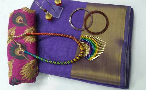 Handloom Cotton Silk Sarees - Cotton Silk Fabric, Navy Blue Color | Stylish Plain Pattern, Smooth Finish, All-Season Versatility