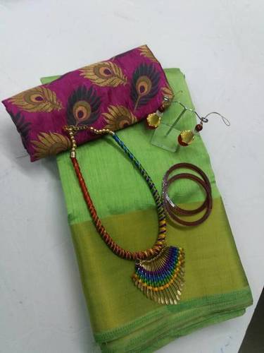 Green Cotton Plain Sarees
