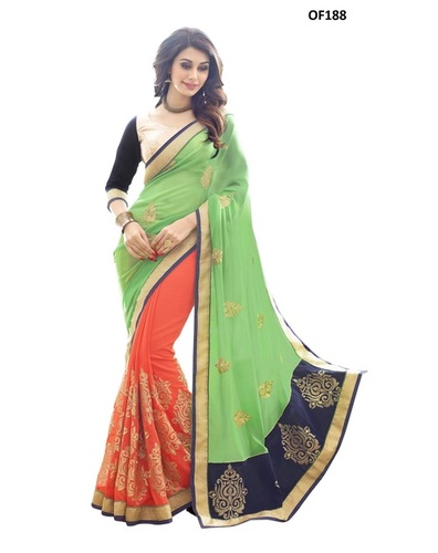 Indian Wedding Sarees - Georgette Saree 5.5m Green, Dupian Blouse 0.8m | Zari Embroidery, Lace Border, Elegant Design