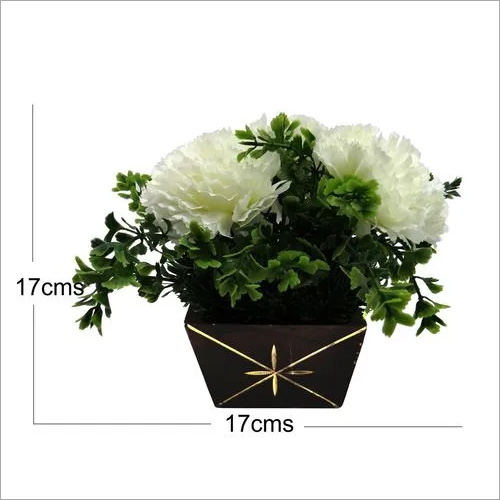 Artificial White Carnation Arrangement With Wooden Pot