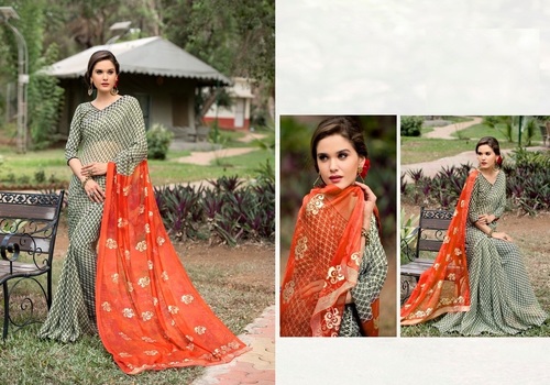 Fancy Saree - Cotton Silk Fabric, Printed Pattern, Vibrant Orange Color | Bollywood Style, All-season Wear, Easy To Drape
