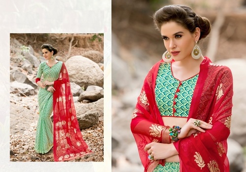 Red Printed Saree - Georgette Fabric, Bollywood Style | Smooth Finish, Easy To Drape, Vibrant Colors