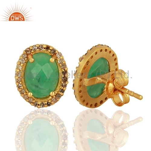 Emerald and Pave Diamond Gold Stud Earrings