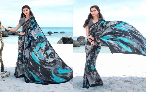 Printed Black Silk Saree
