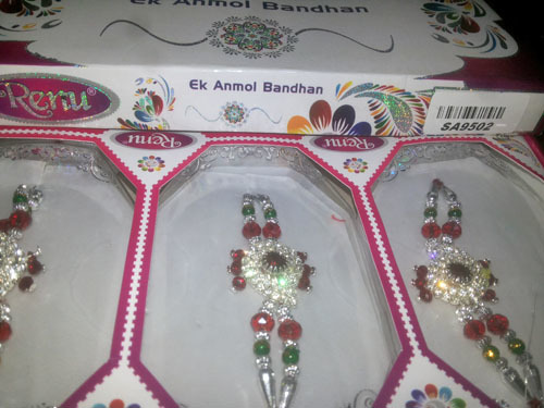 Rakhi - Thread, Beads & Metal, 8-10 Inches, Red | Elegant Design, Durable Material, Auspicious Symbol, Pack of 3